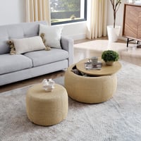 Image 3 of Round Storage Ottoman, Woven Rattan Fabric Ottoman, 2 in 1 Function, Work as End Table and Ottoma...