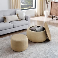 Image 4 of Round Storage Ottoman, Woven Rattan Fabric Ottoman, 2 in 1 Function, Work as End Table and Ottoma...