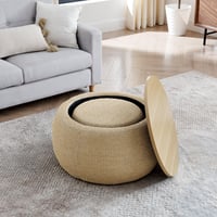 Image 5 of Round Storage Ottoman, Woven Rattan Fabric Ottoman, 2 in 1 Function, Work as End Table and Ottoma...