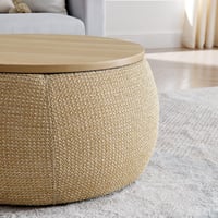 Image 8 of Round Storage Ottoman, Woven Rattan Fabric Ottoman, 2 in 1 Function, Work as End Table and Ottoma...