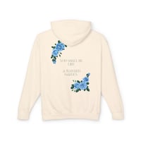 Image 2 of Floral Scripture Hoodie - "You Shall Be Like a Watered Garden" Blue Rose Hoodie