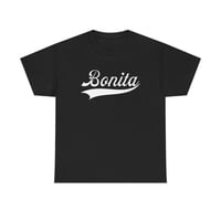 Image 1 of Bonita script tee | Spanish word graphic shirt, vintage baseball swoosh