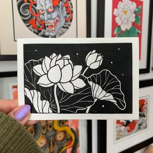 Image of Lotus Flowers on Japanese Washi Paper Linocut PRINT