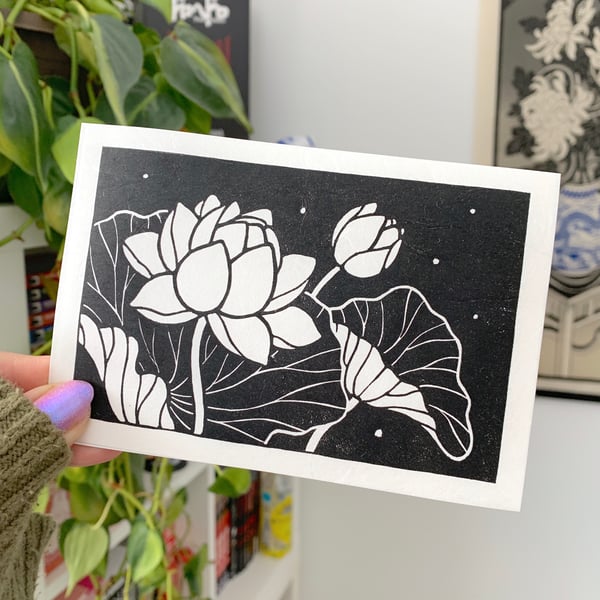 Image of Lotus Flowers on Japanese Washi Paper Linocut PRINT