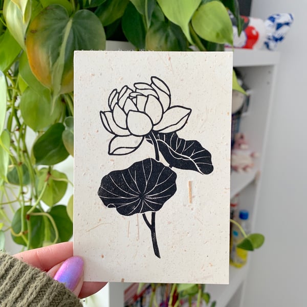 Image of MINI Lotus Flower on Mixed Japanese Washi Paper Linocut PRINT