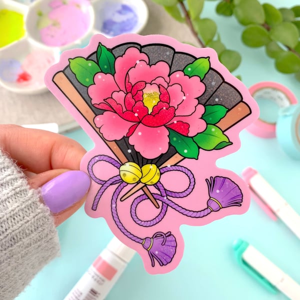 Image of GLITTER Black Japanese Fan with Peony STICKER