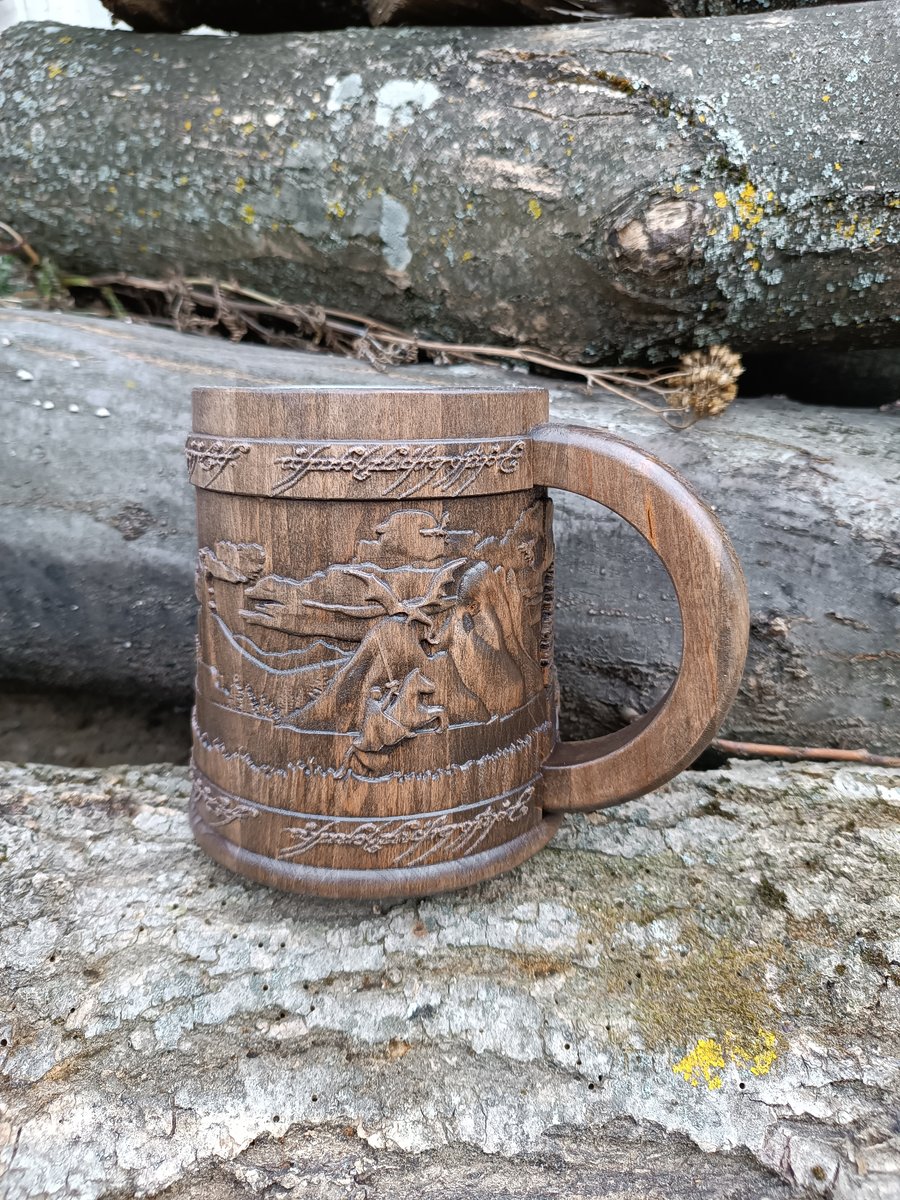 Image of Lord of rings wooden beer mug, Groomsman gift, Personalized beer mug, 22oz, Personalized gift