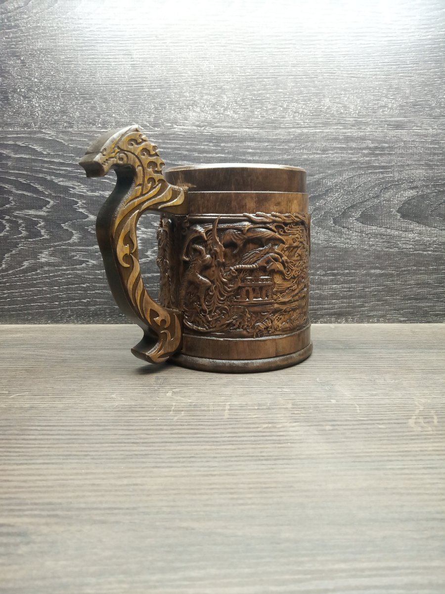 Image of Alduin's Wall Wooden beer mug, Gift for him, Skyrim mug, 22oz, personalized gift, Gamer gift