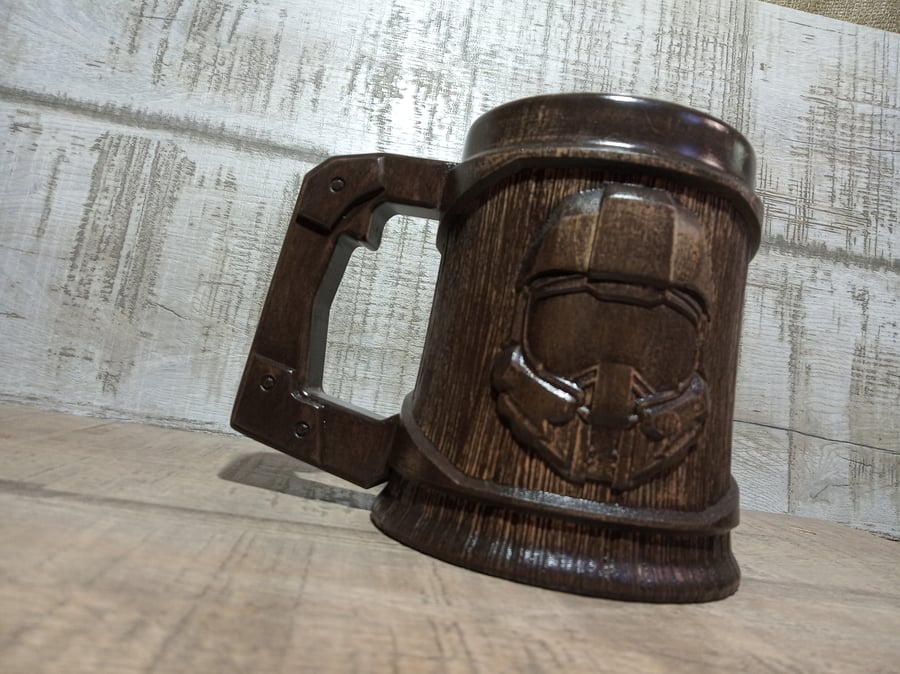 Image of Halo wooden beer mug, Space Warrior Tankard, 22oz, gamers gift