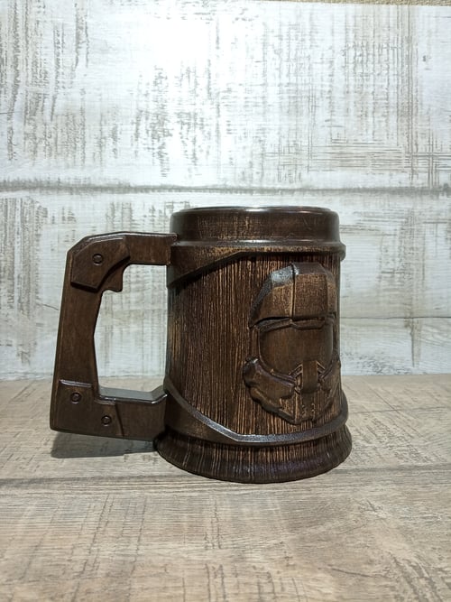 Image of Halo wooden beer mug, Space Warrior Tankard, 22oz, gamers gift