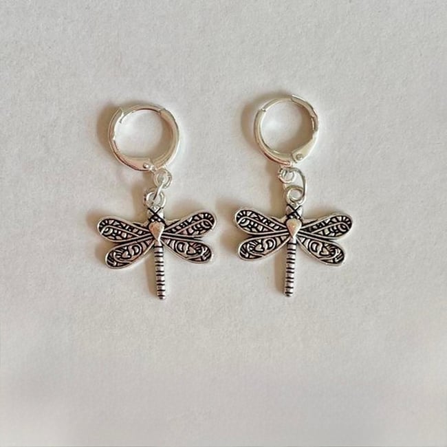 'silver dragonfly' silver huggie hoop earrings