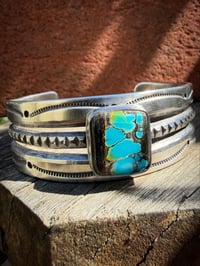Image 1 of WL&A Handmade Old Style Heavy Ingot Black Jack Turquoise Spike Split Row Cuff - 7.25 to 7.5"