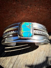 Image 3 of WL&A Handmade Old Style Heavy Ingot Black Jack Turquoise Spike Split Row Cuff - 7.25 to 7.5"