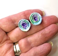 Image 2 of Stud Earrings - Blue, Green and  Purple Roses   (PCE041)