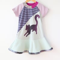 Image 2 of pale purple green meow kitty cat kitten 4T handprinted short sleeve twirly courtneycourtney dress