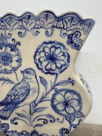 Image 3 of Large Blue & White Songbird Vase  Ceramic Folk Art Vase SECOND