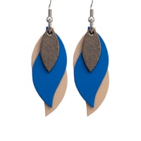 Image 1 of Australian made leather earrings - Leaf.  Bronze, cobalt blue, natural.