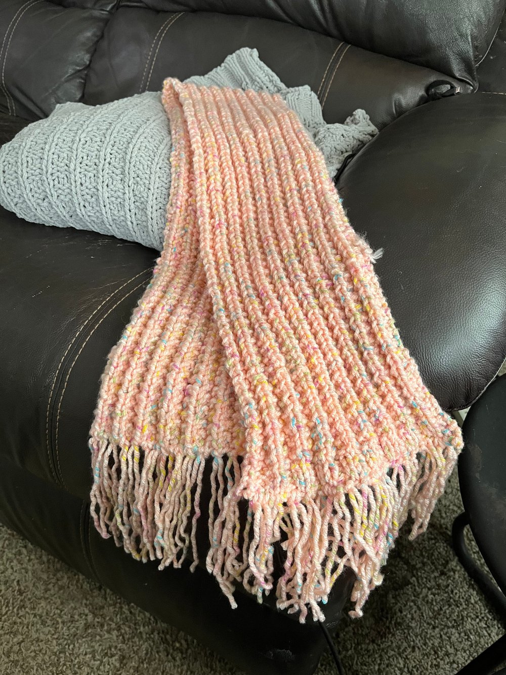 Image of Peach and marbled colored Hand-Knit Plush Scarf  w/tassles