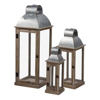 Image 1 of Set of 3, Silver and Natural Wood Lanterns, L:11x11x32'   M:8.5x8.5x23'