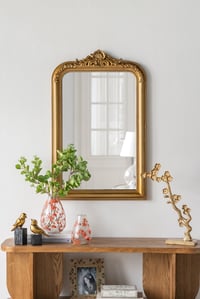 Image 1 of 23.5x37.5' Decorative Arched Wall Mirror With Ornate Gold Crest Design