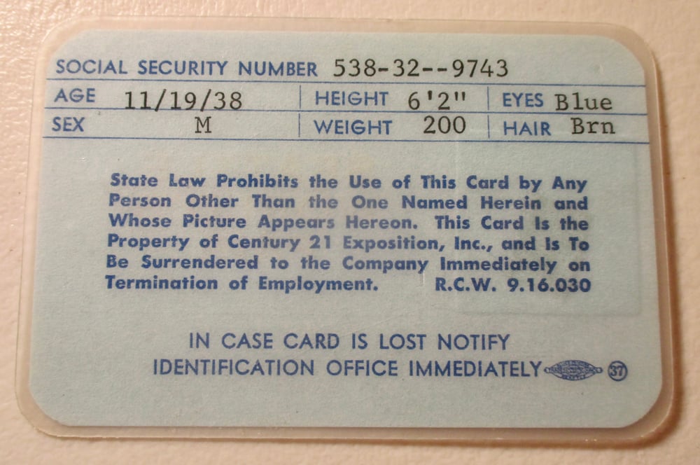 RARE CENTURY 21 SEATTLE WORLD'S FAIR IDENTIFICATION FOR EMPLOYEE-NO. 2