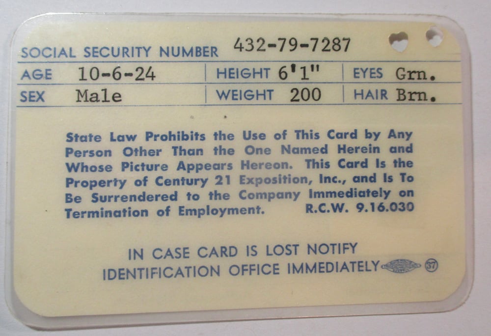 SEATTLE WORLD'S FAIR CENTURY 21 EMPLOYEE OR MEDIA IDENTIFICATION FROM THE 1962 EXPO--LOT #1