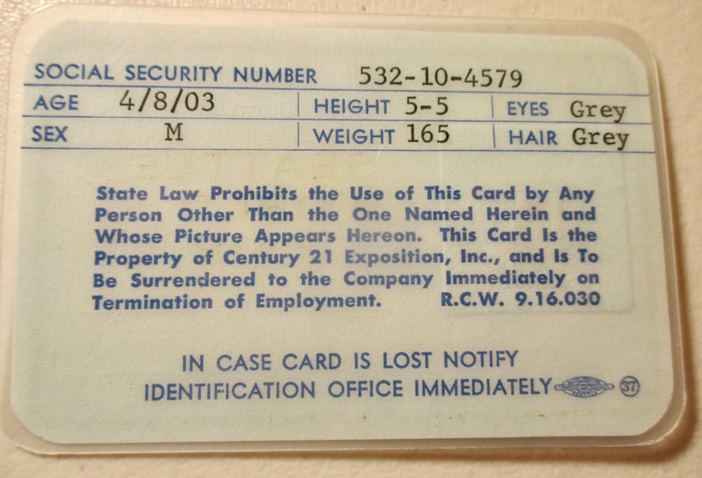 SEATTLE WORLD'S FAIR CENTURY 21 EMPLOYEE OR MEDIA IDENTIFICATION FROM THE 1962 EXPO--LOT #1