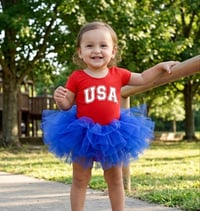 Image 1 of Patriotic USA Fluffy Tutu Leotard Bodysuit Girl’s Fourth Of July American Tulle Dress 
