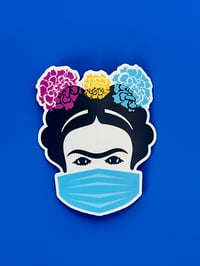 Image 1 of 3" x 3" Frida Kahlo Wearing Mask Sticker: Latina Artist Vinyl Water Resistant Decal