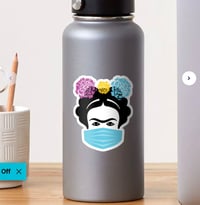 Image 2 of 3" x 3" Frida Kahlo Wearing Mask Sticker: Latina Artist Vinyl Water Resistant Decal