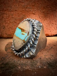 Image 2 of WL&A Handmade Natural Royston Sky Blue Ribbon Turquoise Signet Rings - Size 10 