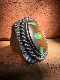 Image 1 of WL&A Handmade Natural Earth & Forest Green Ribbon Turquoise Signet Rings - Size 10 