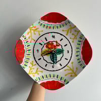 Image 1 of 11" Red Floral Ceramic Plate Clock: Upcycled Wall Decor