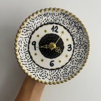 Image 1 of 5.5" Black & Gold Ceramic Plate Clock: Handmade Boho Desk or Wall Decor