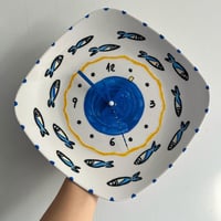 Image 1 of 11" Blue Fish Ceramic Plate Clock: Italian Coastal Kitchen Decor