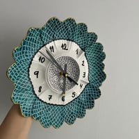 Image 2 of 10" Hand-Painted Teal Bloom Pottery Clock,Wall Decor, Unique Housewarming Gift, Silent clock