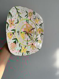 Image 2 of 11" Floral Ceramic Wall Clock, Gold Accent Porcelain Plate Clock, Unique Housewarming gift