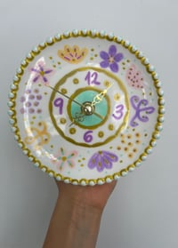 Image 3 of 5.5" Hand-Painted Lavender & Gold Ceramic Clock – Silent Whimsical Decor with Stand