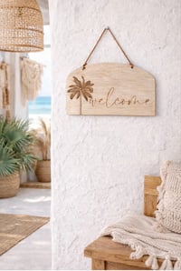 Boho Wooden Welcome Sign with Palm Tree Engraving 