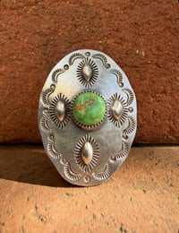 Image 2 of WL&A Handmade Old Style Repoussé Coin Pin - Carico Lake Turquoise - Size 1.75" x 1.25" (1)