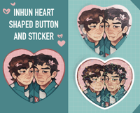 inhun heart shaped button pin & 2.5 inch holographic sticker (squid game)
