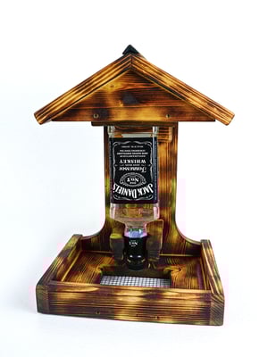 Image of Whiskey Bottle Bird Feeder, Pine Wood burned using Shou Sugi Ban Method | Rustic Garden Decor