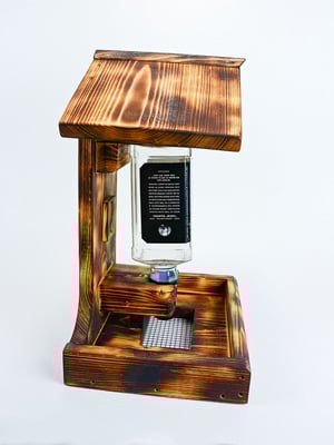 Image of Whiskey Bottle Bird Feeder, Pine Wood burned using Shou Sugi Ban Method | Rustic Garden Decor