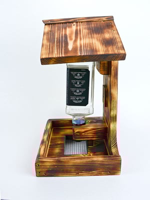 Image of Whiskey Bottle Bird Feeder, Pine Wood burned using Shou Sugi Ban Method | Rustic Garden Decor