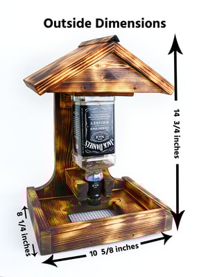 Image of Whiskey Bottle Bird Feeder, Pine Wood burned using Shou Sugi Ban Method | Rustic Garden Decor