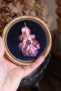 Image 4 of Cornice 9 in legno dorato con spilla foglia di quercia in rame e ametista  e retro dark botanico