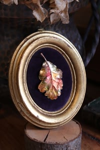 Image 1 of Cornice 11 in legno dorato con spilla foglia di quercia in rame e retro dark botanico/sottobosco