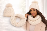 Cream Knit Pom-Pom Hat & Infinity Scarf Set
