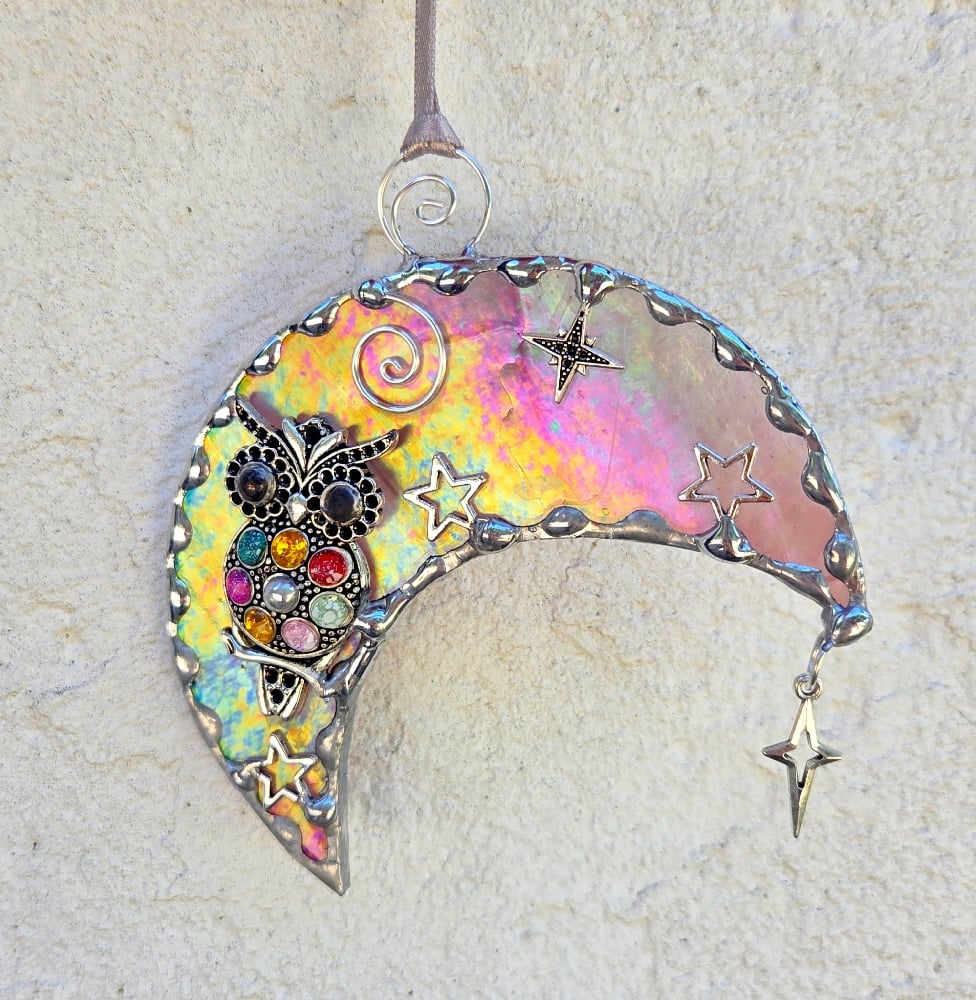 Image of Stained Glass Iridescent Purple Owl Moon