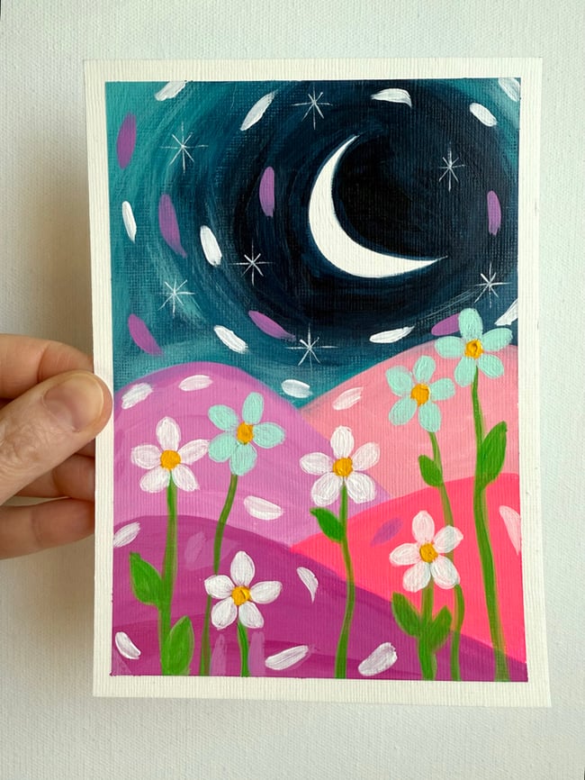 7 little flowers fell in love with the moon. Original 5x7 paper painting.